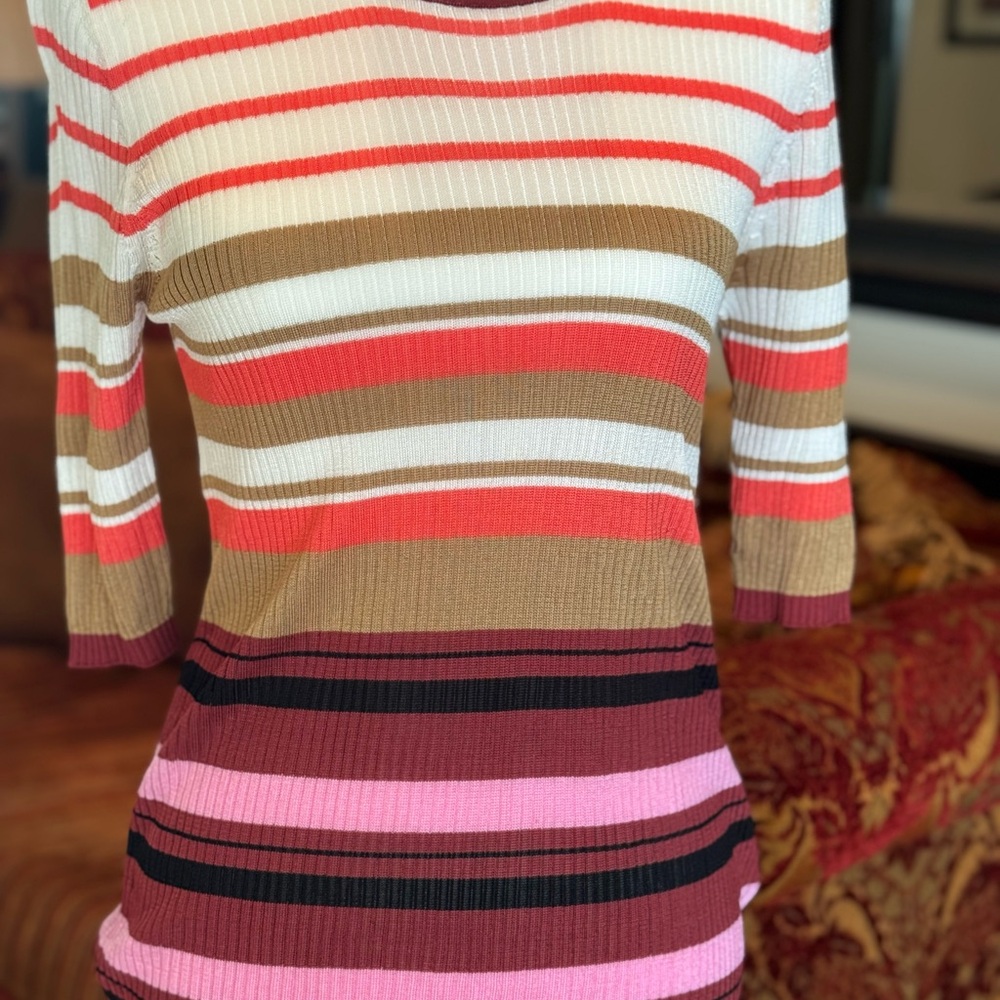 Scotch & Soda Striped Ribbed Long Sleeve Tee in Coral, Brown, Pink & White